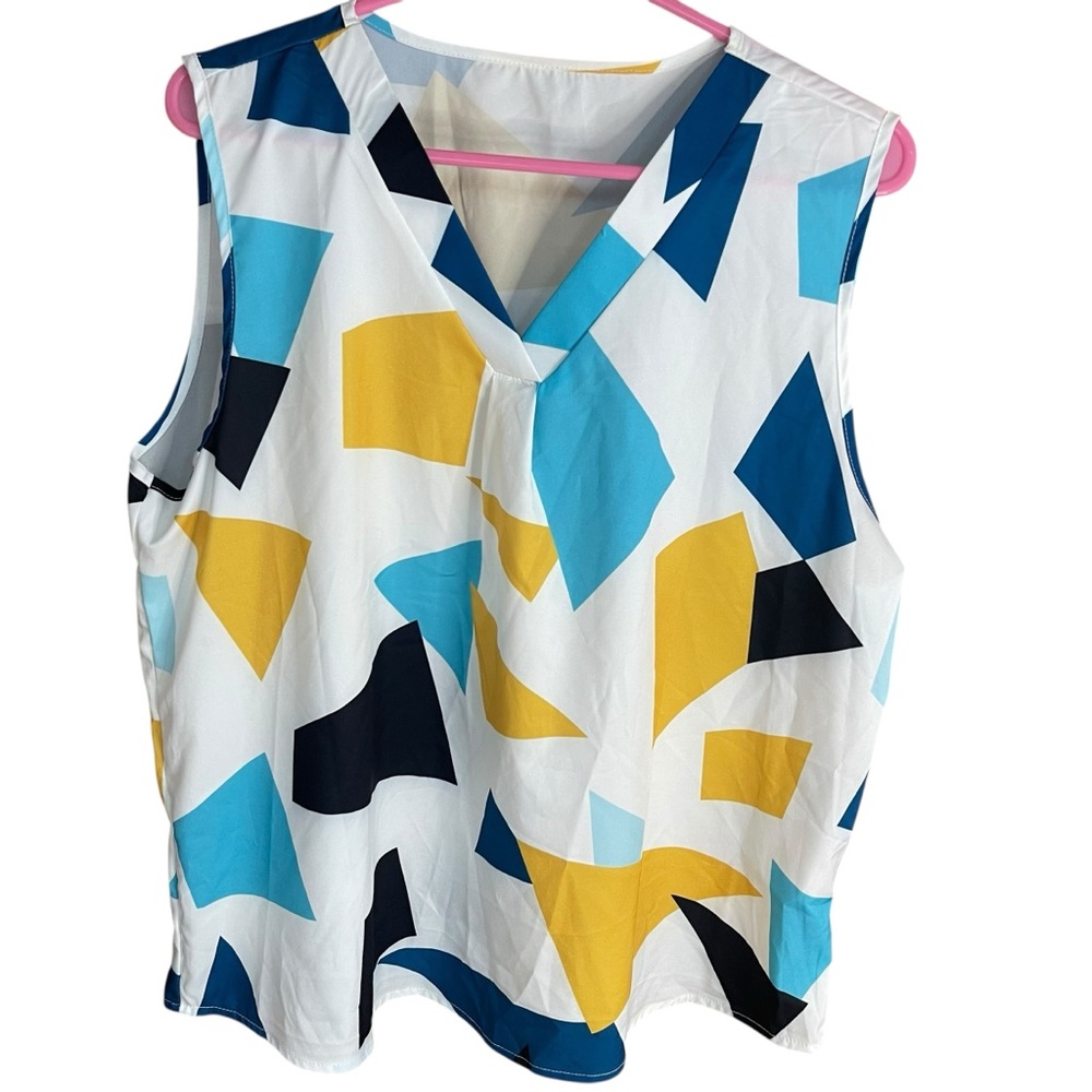 Emery Rose Geometric Graphic Blouse White Yellow Blue